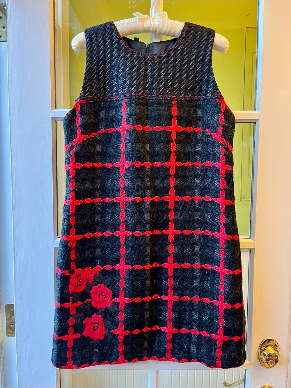 Desigual Black Knit Dress with Red Plaid Embroidery Sleeveless Cozy Warm & Roses